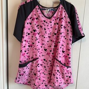 Scrubstar Pink and Black Heart Print Scrub Top